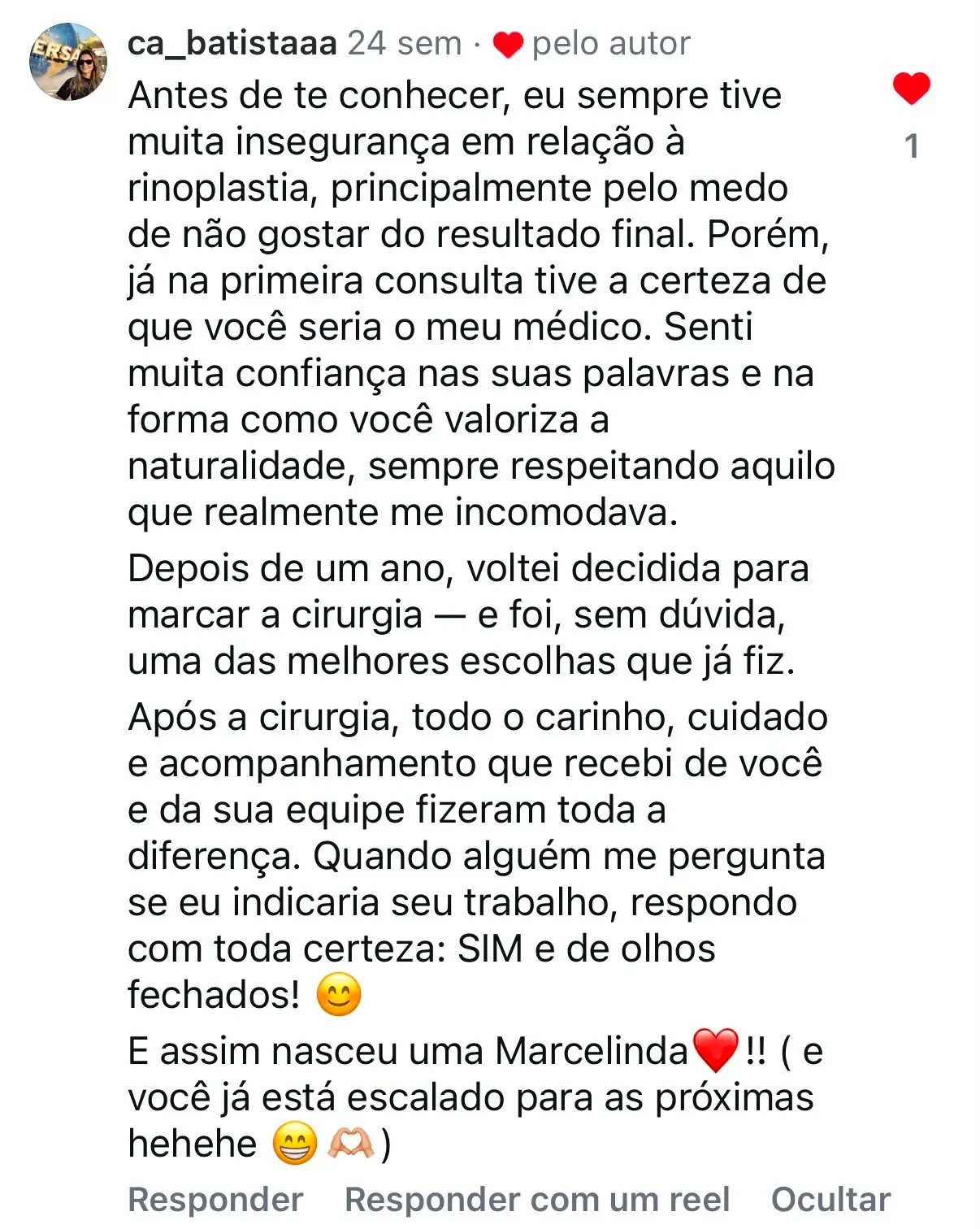 Depoimento de ca_batistaaa no Instagram
