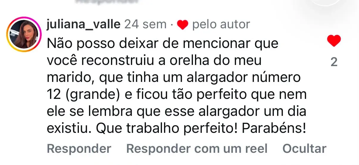 Depoimento de juliana_valle no Instagram sobre reconstrução de orelha