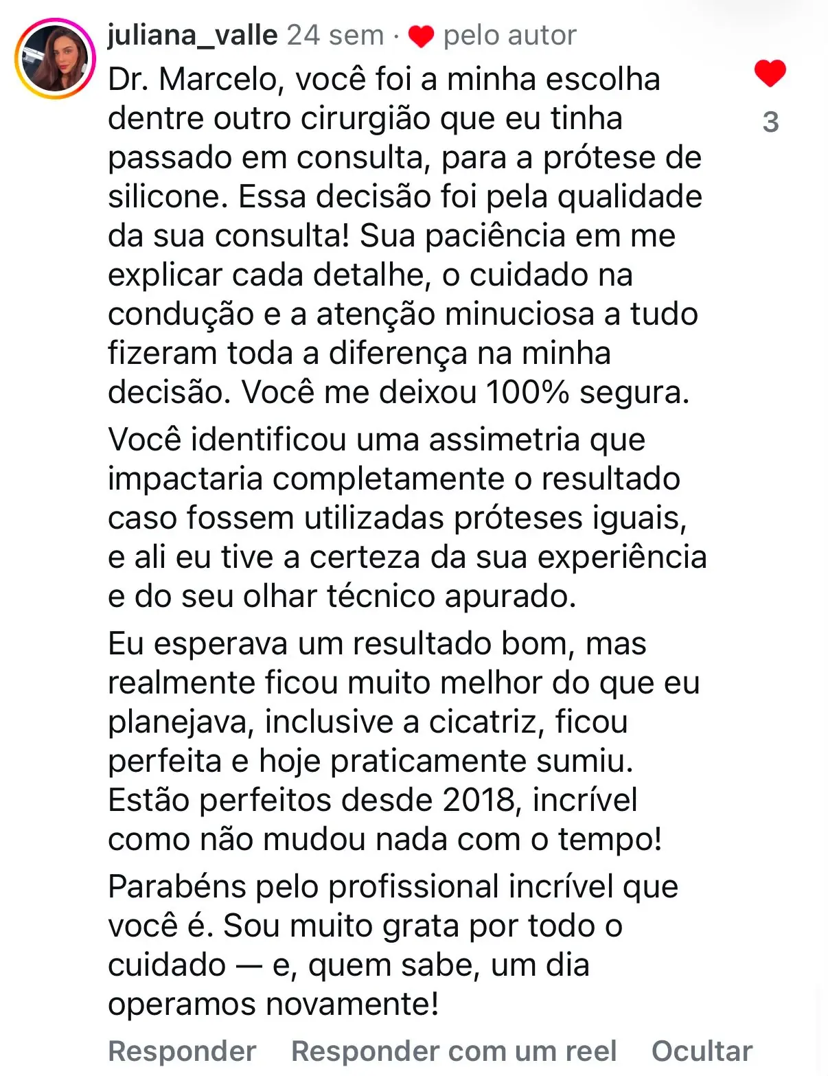Depoimento de juliana_valle no Instagram sobre prótese de silicone