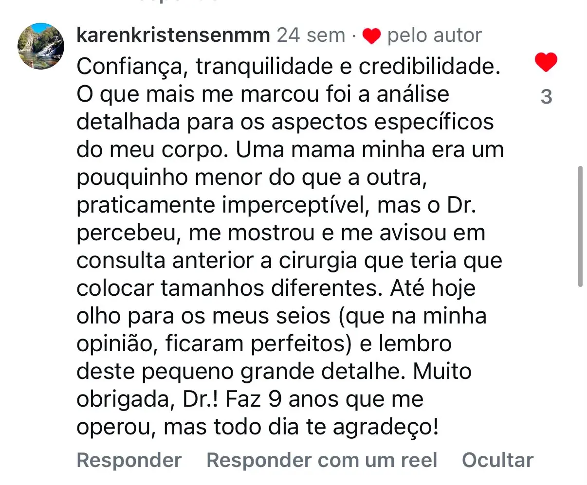 Depoimento de karenkristensenmm no Instagram