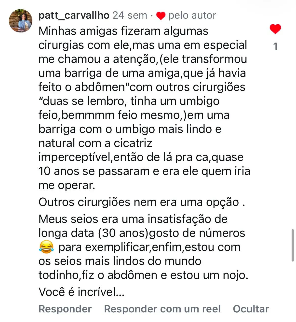 Depoimento de patt_carvallho no Instagram